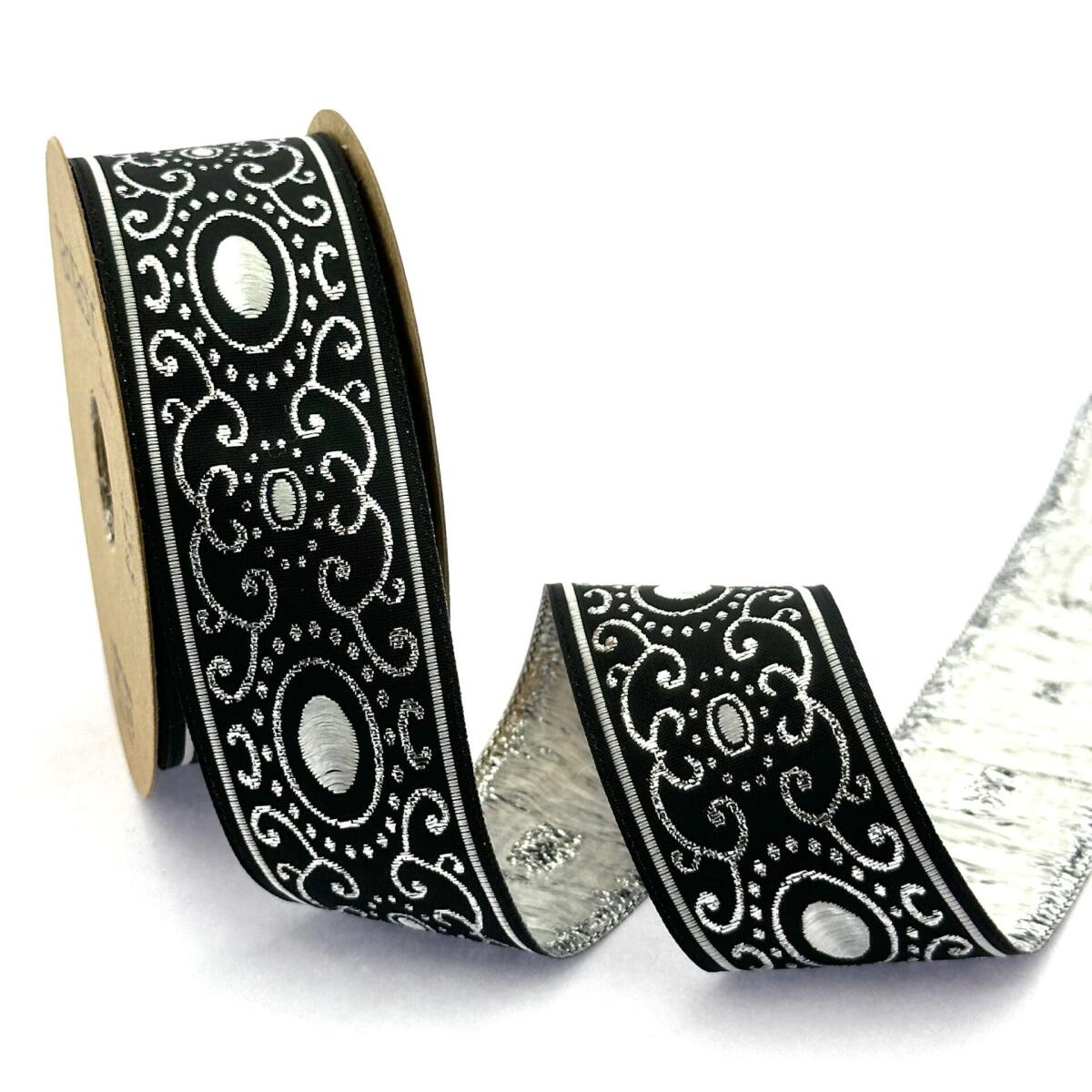 Декоративен ширит с цветни мотиви W-35805 черно сив