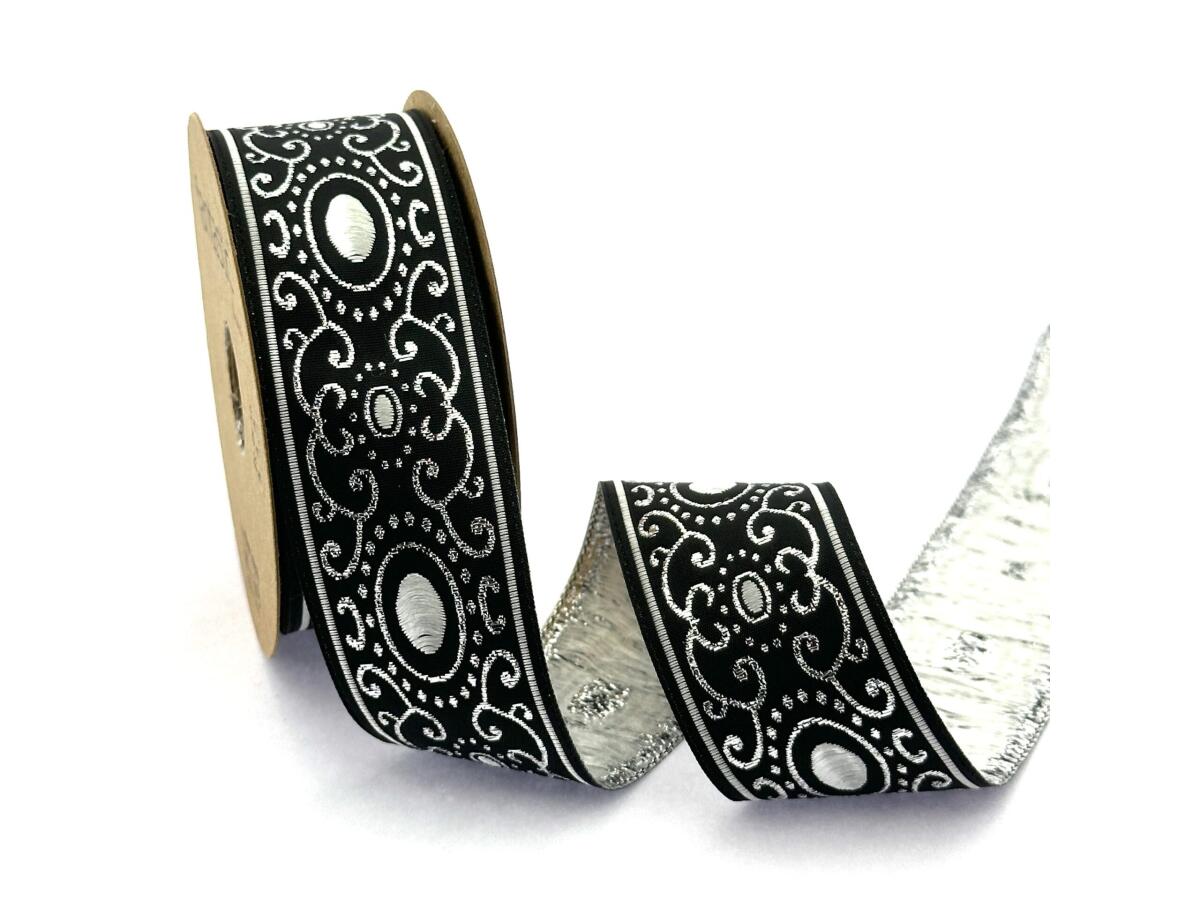 Декоративен ширит с цветни мотиви W-35805 черно сив