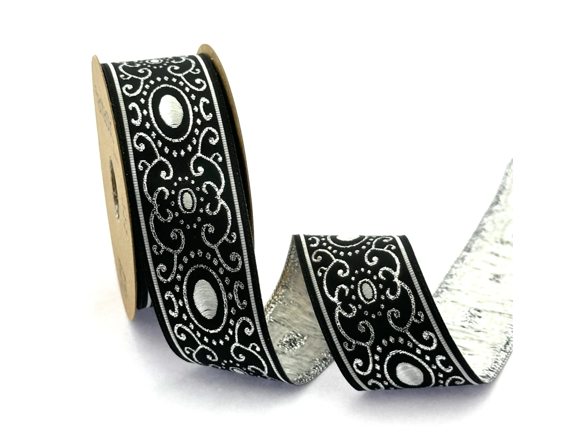 Декоративен ширит с цветни мотиви W-35805 черно сив